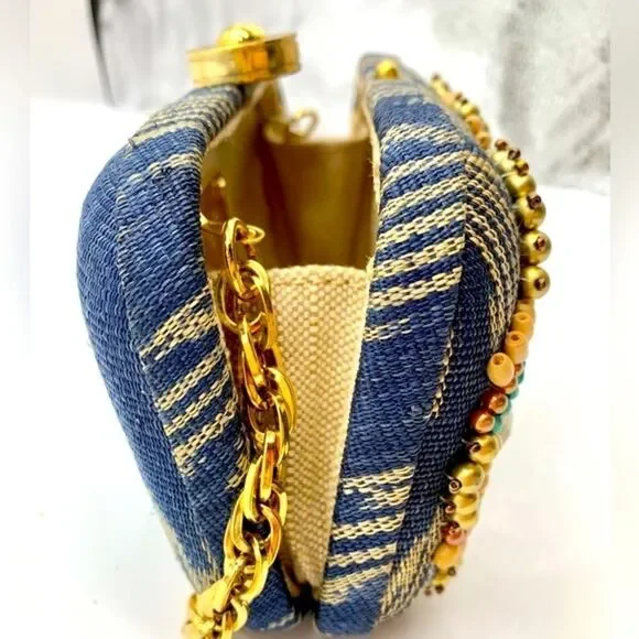 Auth Rafe Minaudière Beaded Boho Canvas Box Clutch Gold-Tone Chainlink Strap - Picture 12 of 15